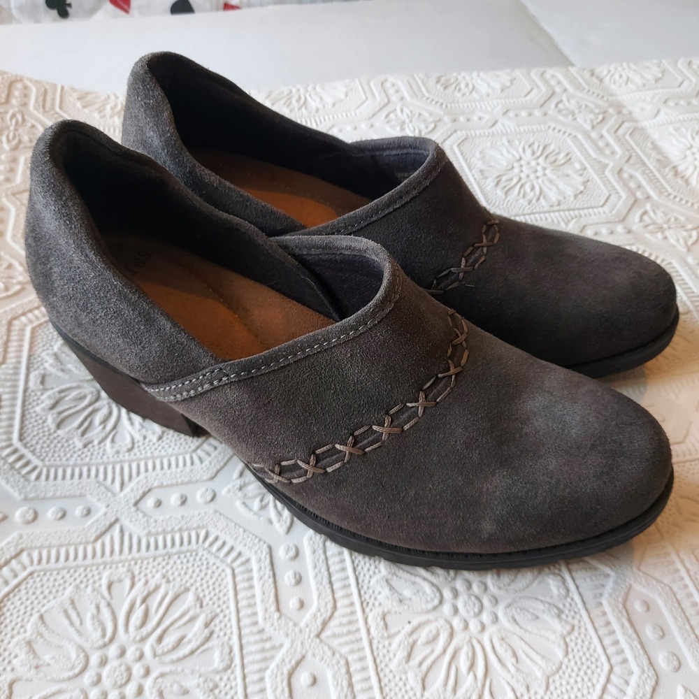 Earth Origins Opal Suede Clogs Shale Gray Whipstitch Slip On Shoes Womens 9 M